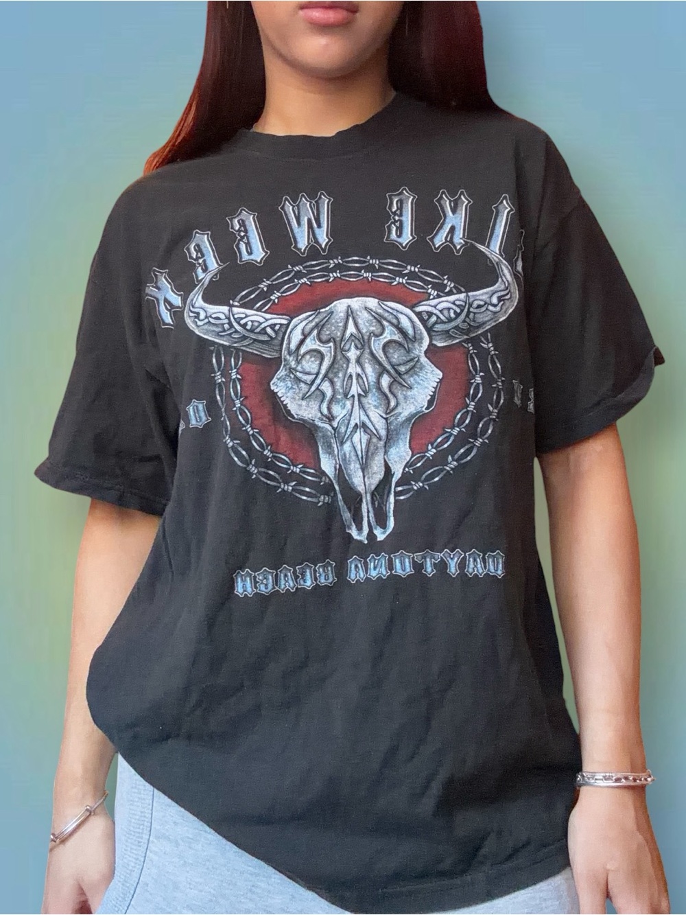 Hanes Black Short-Sleeve Tee with Skull Bull Graphic and Red Accent